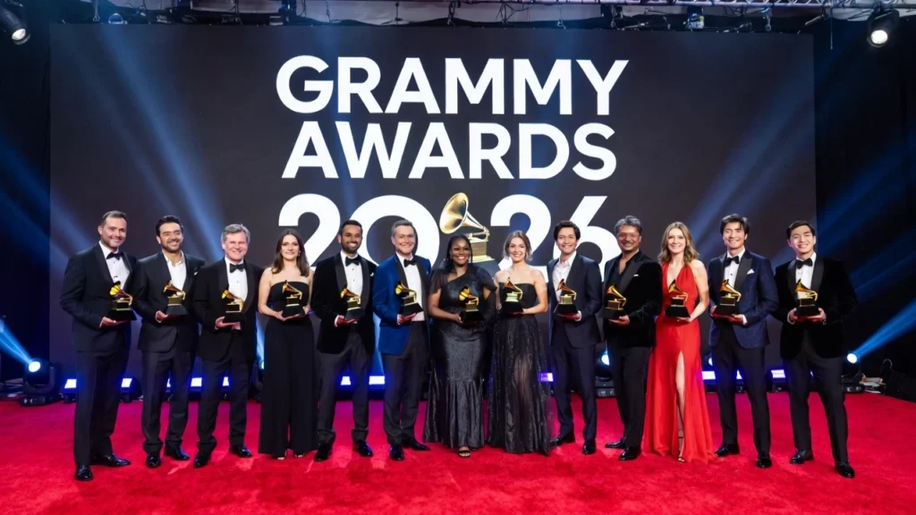 2026 Grammy Awards winners celebrating on stage at the annual music awards ceremony