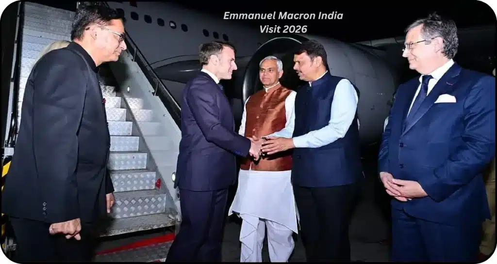 French President Emmanuel Macron arriving at Mumbai airport during his India visit 2026