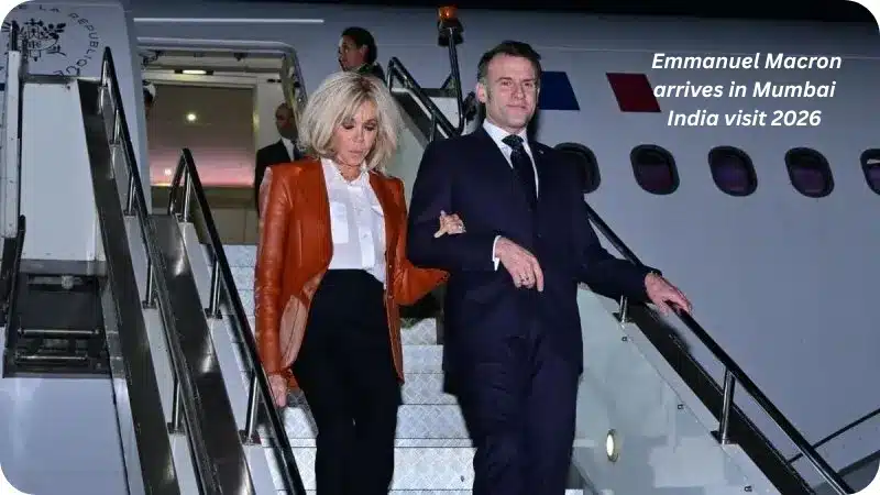 French President Emmanuel Macron arriving at Mumbai airport during his India visit 2026