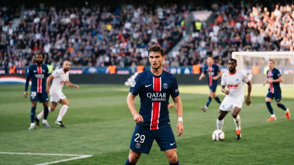 Bradley Barcola reacts ahead of PSG vs Marseille as fans create intense atmosphere at Parc des Princes